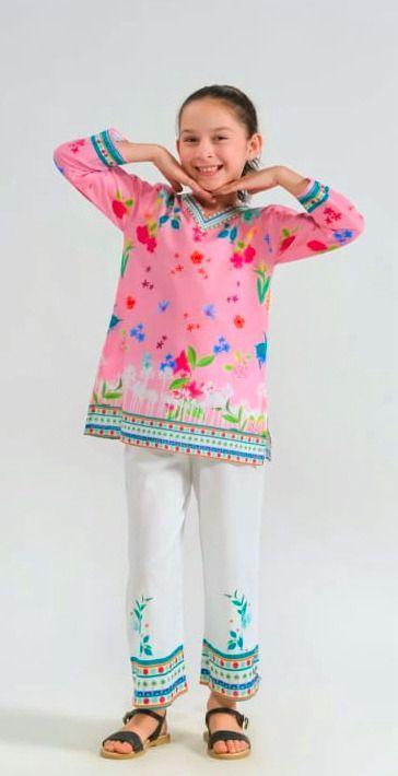 2 Pcs Girl's Cotton Embroidered Kurta And Pajama