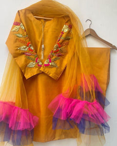 Women's Stitched Suit - 3 Pcs Set in Mustard Katan Silk