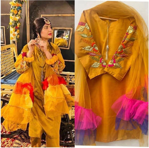Women's Stitched Suit - 3 Pcs Set in Mustard Katan Silk