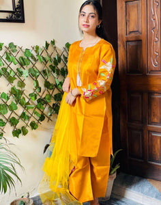 Women's Stitched Suit - 3 Pcs Set in Mustard Katan Silk