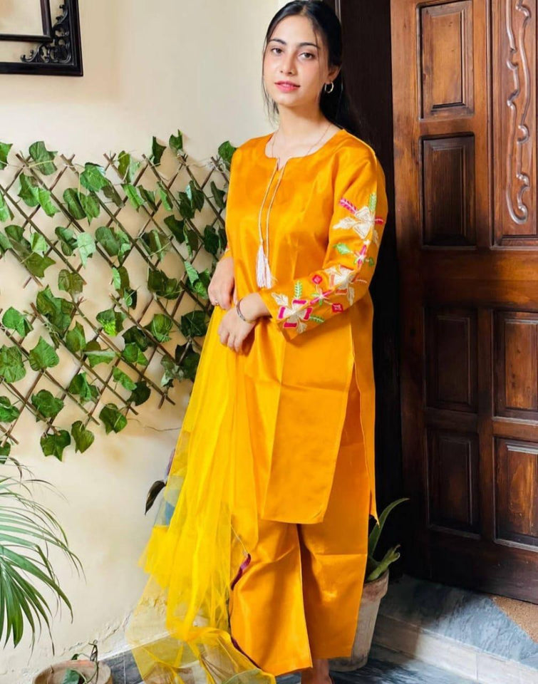 Women's Stitched Suit - 3 Pcs Set in Mustard Katan Silk