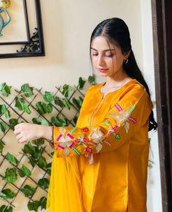 Women's Stitched Suit - 3 Pcs Set in Mustard Katan Silk