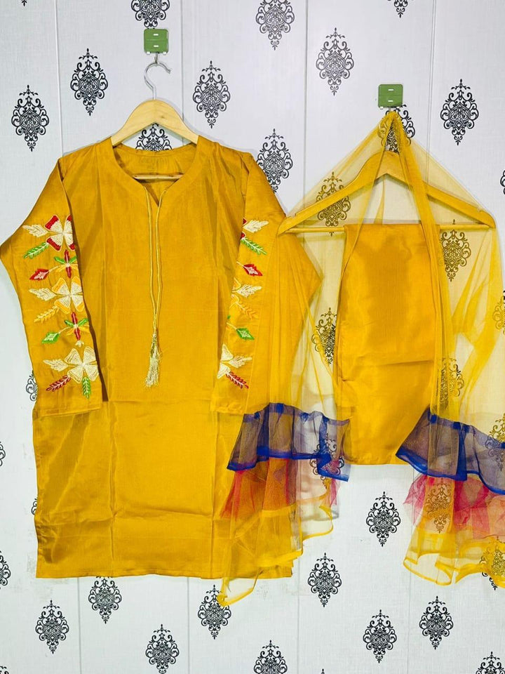 Women's Stitched Suit - 3 Pcs Set in Mustard Katan Silk