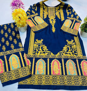 2 pcs Women’s Stitched Linen Block  Printed Suite