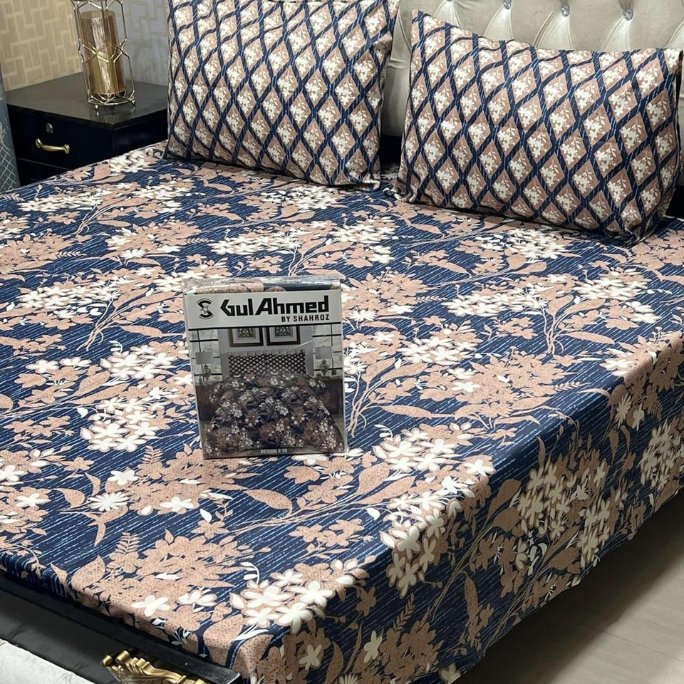 3 Pcs Cotton Salonica Printed Double Bedsheeet