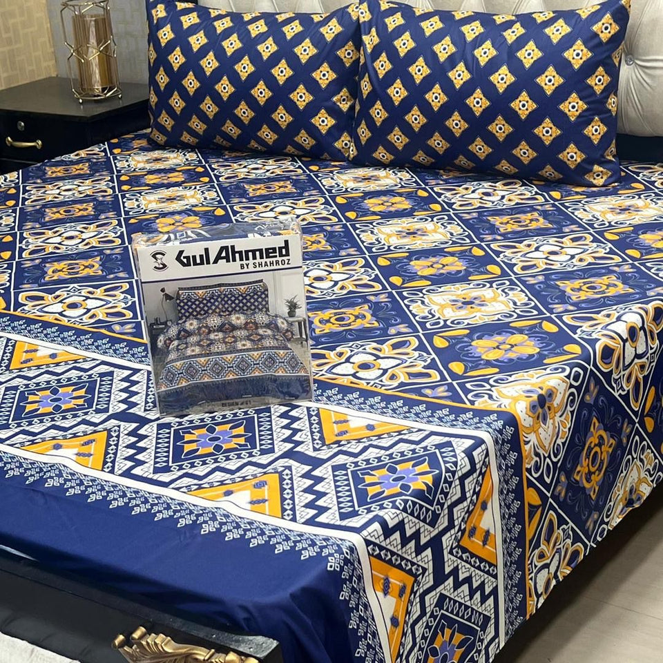 3 Pcs Cotton Salonica Printed Double Bedsheeet