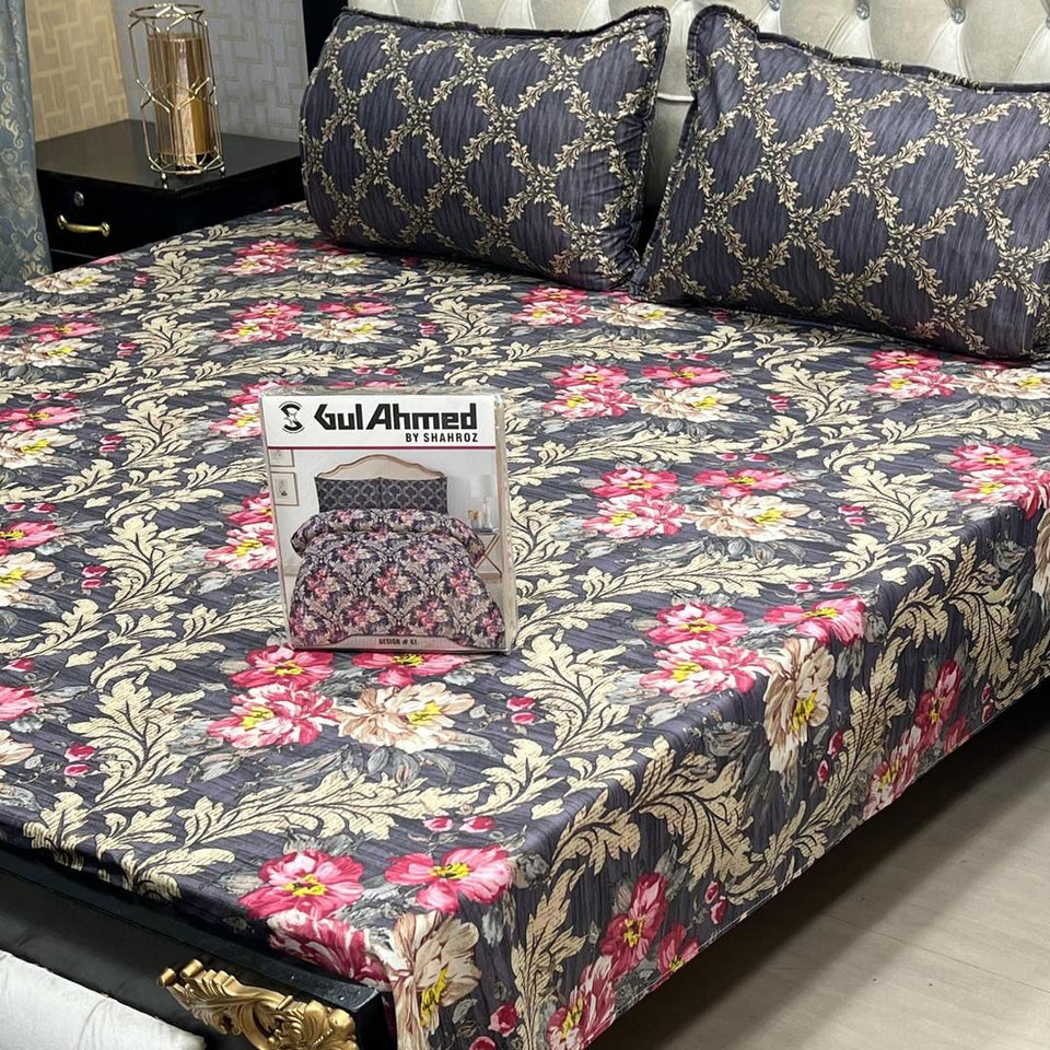 3 Pcs Cotton Salonica Printed Double Bedsheeet